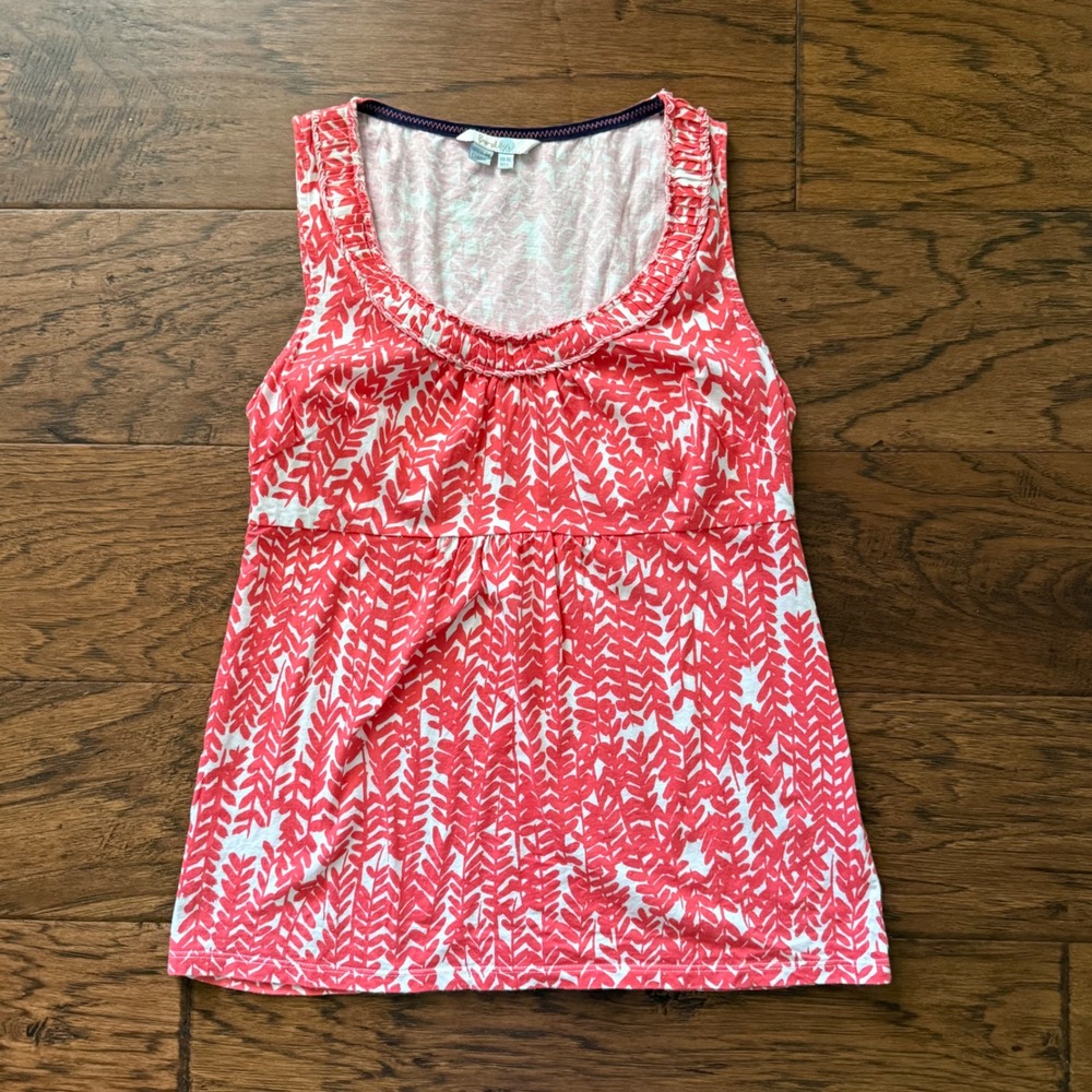 Boden Cotton Leaf Print Gathered Scoop Neck Tank Top Coastal Coral White US 6